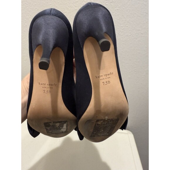 Kate Spade Heels  Size 7.5 Crawford Peep-Toe Bow Pumps Navy Satin - Picture 5 of 9